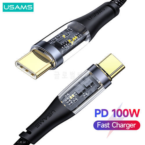 USAMS 5A PD 100W Type C To Type C Cable Transparent Fast Charger Cord Cable For Macbook Huawei Xiaomi Samsung Phone Quick Charge