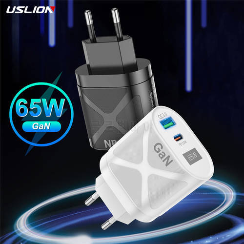 USLION GaN 65W USB Type C Charger Quick Charge QC 4.0 QC3.0 PD USB C Charger Portable Fast Charging For iphone 13 12 11 Macbook