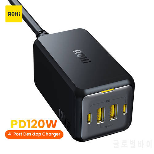AOHI 120W USB C Charger GaN Desktop Charger 4-Port Fast Charge Charging Station for iPhone 14 MacBook Pro Laptop Tablet Charger