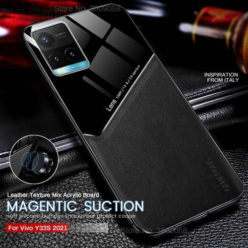 Car Magnetic Holder Leather Texture Phone Case Cover For Vivo Y33s Y 33s 33 s 2021 4G V2109 6.58