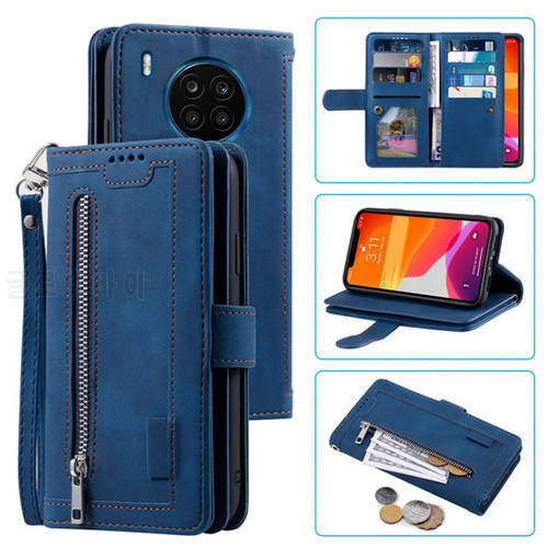 9 Cards Wallet Case for Huawei Nova 8i Phone Case Card Slot Zipper Flip Folio with Wrist Strap for Honor 50 Lite