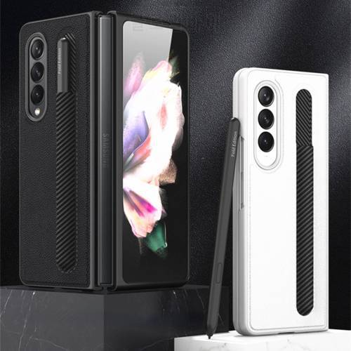 Case for Samsung Galaxy Z Fold 3 Leather Case With Pen Holder Cover Carbon Fiber Texture Case For Z Fold3 With Pen Slot Cover
