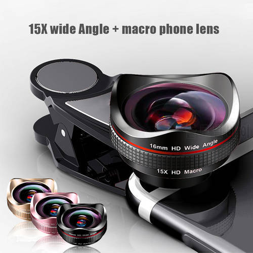 16mm 4K Super Wide Angle Macro Phone Lens 2 in 1 15X Distortionless HD Universal Clip Camera Lens Kit For iphone Android Lens