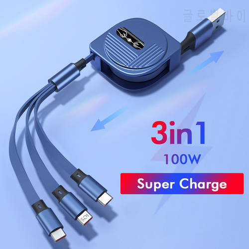 6A 100W 3In1 USB C Cable For iPhone 14 13 12 Pro Max 8pin Micro Type C Retractable Fast Charging Cable for Huawei Samsung Xiaomi