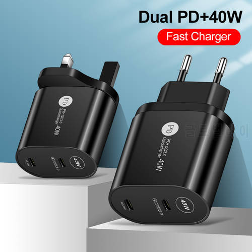 Fast Charge 40W Double PD USB Charger QC 3.0 Type C Phone Adapter For iPhone 12 11 Pro Xs Max iPad Airpods Huawei Xiaomi Samsung