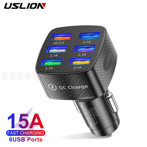 USLION 75W Car Charger Quick Charge 3.0 15A 6 Ports USB Charger For iPhone 13 12 Pro Samsung Xiaomi Huawei Mobile Phone Charger