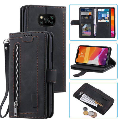 9 Cards Wallet Case for Xiaomi Poco X3 NFC/X3 Pro Phone Case Card Slot Zipper Flip Folio With Wrist Strap