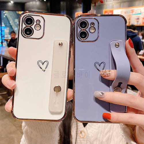 Cute Love Heart Plating Phone Case For iPhone 12 Pro 11 Pro Max XR XS Max X 7 8 Plus Soft TPU Wrist Strap Stand Shockproof Cover