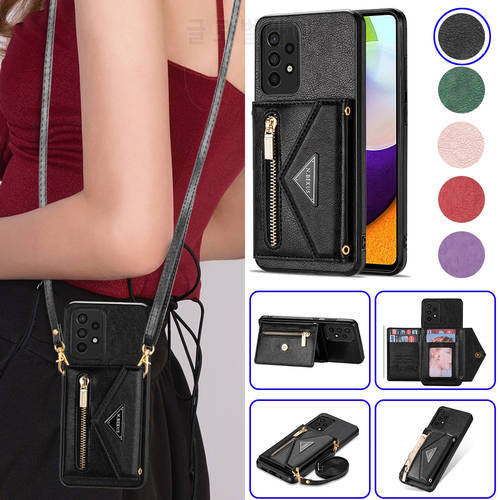Leather Crossbody Case for Samsung Galaxy S20 S21 FE S22 Plus Note 20 Ultra A52 A52s A72 A53 5G A12 Zipper Wallet Lanyard Cover