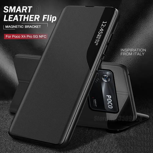 for poco x4 pro 5g nfc case 360° smart view side leather flip phone cover poxo poko little x4pro pocox4 x 4 pro shockproof coque