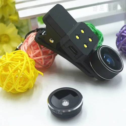 4 In 1 HD Ultra Wide Angle Mobile Lens with Selfie Ring Lamp Upgrade Len Light Portable Universal Macro Fish Eye Fill Light