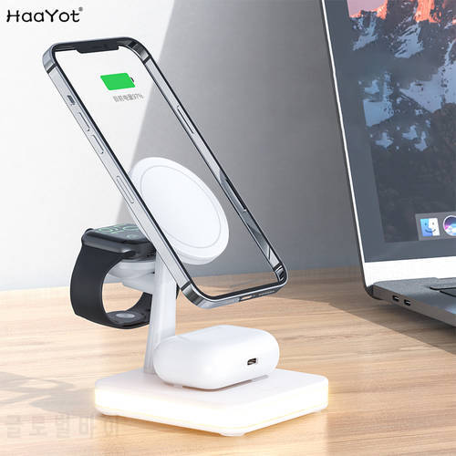 HAAYOT Magnetic Fast Wireless Charging Station 15W 4 in 1 Mag-Safe Charger Stand for iPhone 13/12 iWatch Airpods Night Light