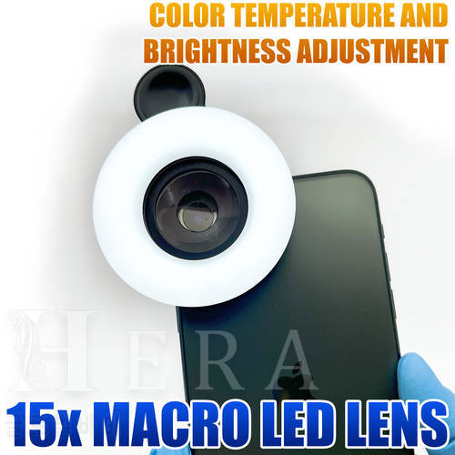 Mobile Phone Macro Lens and Rechargeable Clip-on Fill Light 15X Zoom LED for Dentistry Makeup Photography Smartphone Accessories