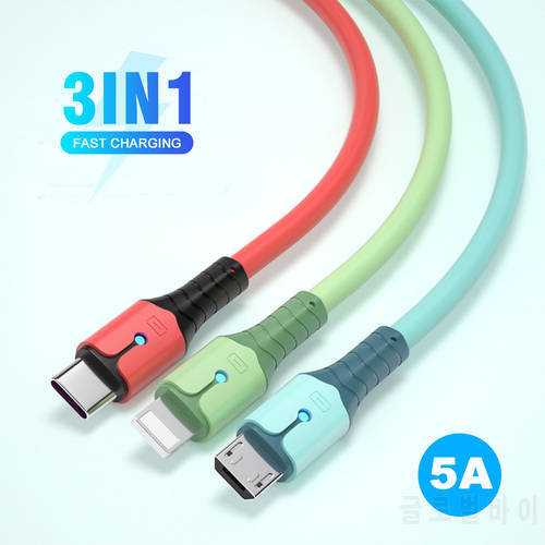 5A 3 In 1 Fast Charging USB Data Cable USB To Micro USB/Type-C/8 Pin Charger Kable Liquid Silicone LED Cord For iPhone 14 13 Pro