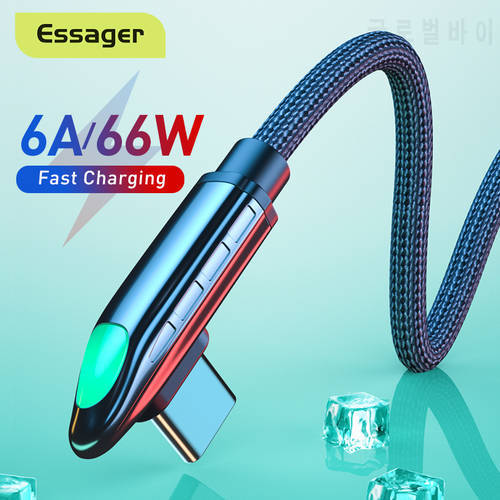Essager 6A USB Type C Cable For Huawei Mate 40 Pro Samsung 66W LED Fast Charging USB-C Charger Cable 90 Degree Cable Data Cord