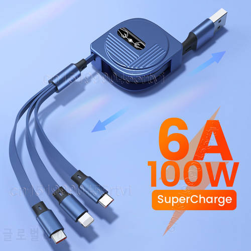 3 in 1 USB Charge Cable 6A 100W for Huawei/Honor Retractable Portable Micro USB TypeC Cable Charging Cable For iPhone 14 Samsung