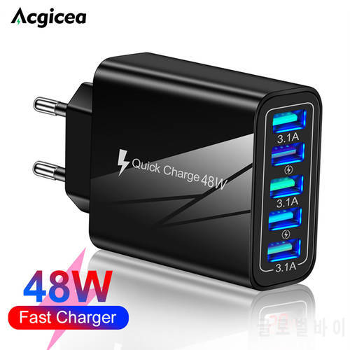 48W USB Charger Charge QC 3.0 Wall Fast Charging for iPhone 13 12 11 X Samsung Xiaomi Mobile 5 Ports EU US Plug Charger Adapter