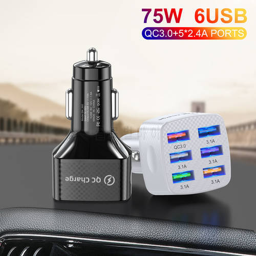 6 Ports 15A 75W USB Car Charger Quick Mini Fast Charging Adapter in Auto for iPhone 12 13 Pro Max Xiaomi Mi 11 Redmi Samsung S22