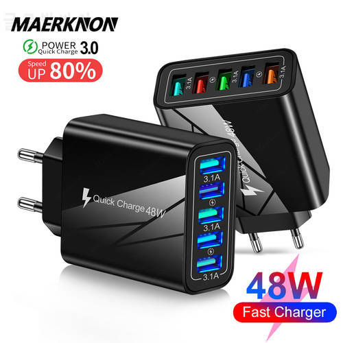 48W 5 USB Charger Quickly Charger Fast Charging Universal Wall Charger QC3.0 Adapter for iPhone 12 Xiaomi HuaWei Mate 40 Samsung