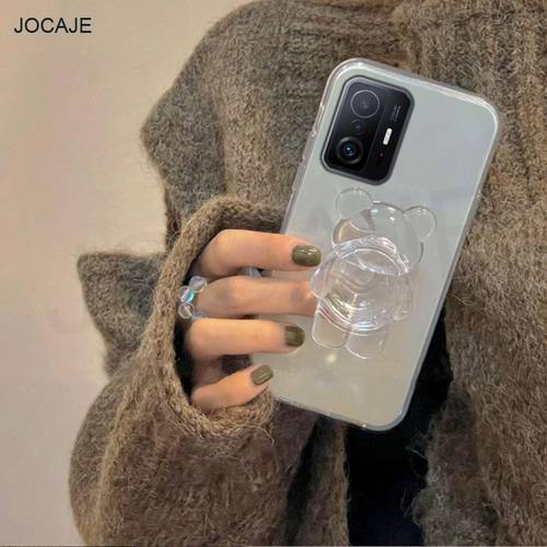 Cartoon Cute 3D Crystal Bear Bracket Phone Case For XIAOMI 11T 10T 11X Pro transparent soft stand cover For XIAOMI Civi 11T Lite