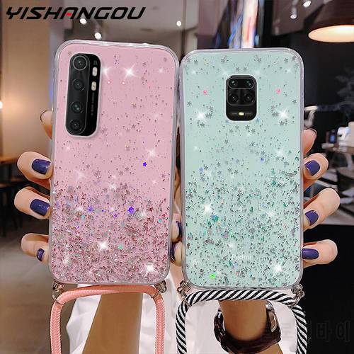 With Neck Strap Clear Glitter Case For Xiaomi 11T Mi 11 10T Lite Poco X3 NFC M3 M4 F3 Redmi Note 10 5G 9 9s 8 Pro 9T 11s Cover