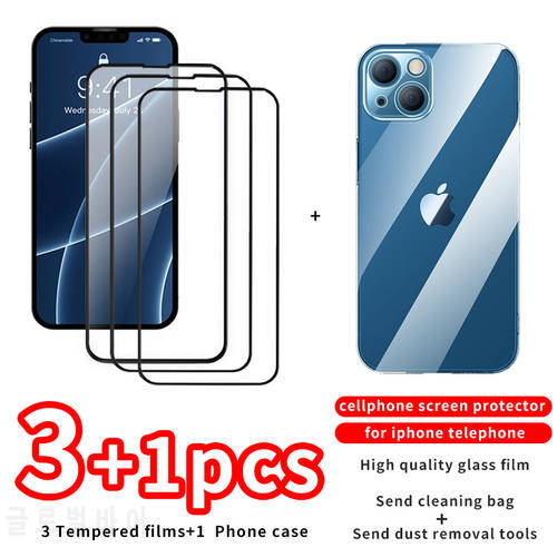 3 Pcs for iPhone 13 Full Cover Tempered Glass for iPhone 11 Pro Max 12 X XS XR Screen Protector HD and one case