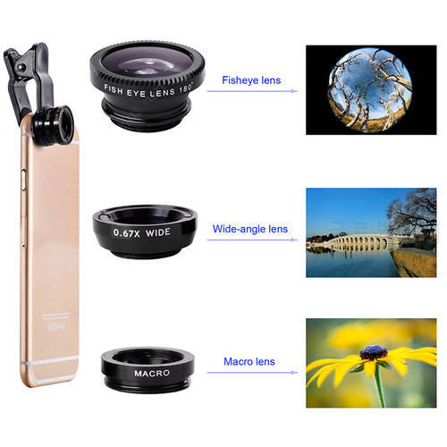 Zoom Fish Eye Lens Phone 3in1 Cell Phone Accessories Macro Camera Lens For Mobile With Clip Lens For Smartphone 0.67x Wide Angle
