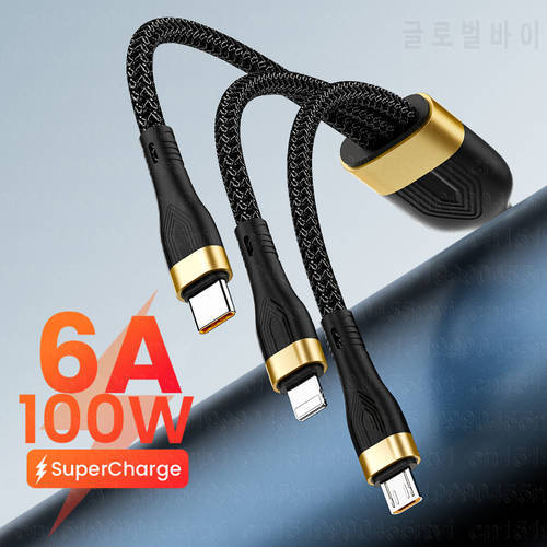 3 in 1 USB Cable 6A 100W Fast Charge for Huawei/Honor 3in1 2in1 Micro USB Type C Cable Charging Cable Cord For iPhone Samsung