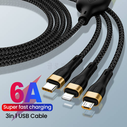 6A 100W 3 in 1 Super Charge USB Cable Multi Usb Port Multiple Usb Charging Cord Usbc Mobile Phone Wire for iPhone Huawei Samsung