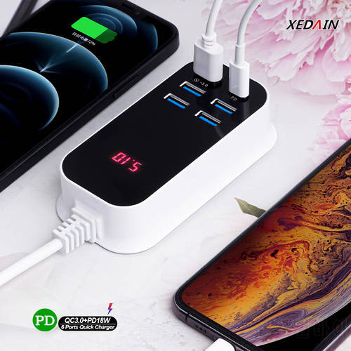 PD 30W 6 Ports Type C USB Charger Quick Charge 3.0 Wall Charger 1.5M Cable Power Adapter UK EU US For Mobile Phone Fast Charging