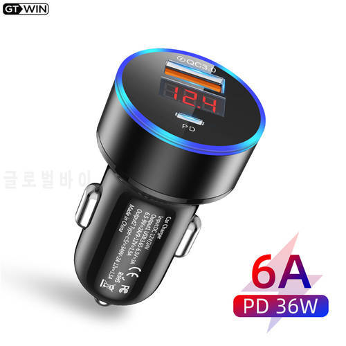GTWIN 36W Metal Dual USB Car Charger Digital Display Usb C PD Car Charger for Samsung Note 20 Ultra S20 Phone Auto Fast Charger