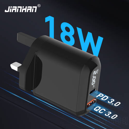 JianHan USB Wall Charger UK Plug Dual Port USB C PD 18W Quick Charger 3.0 USB Charger for iPhone Samsung Xiaomi Type C Adapter