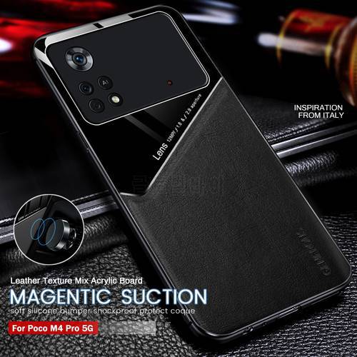 leather car magnetic holder back cover for xiaomi poko little x 4 pocox4 pro 5g case shockproof coque poco x4 pro protect fundas