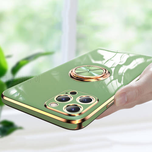 Luxury Plating Case for iphone 14 13 12 11 Pro Max XS XR X SE 7 8 plus Phone Holder Ring Grip Case With Car magnetic bracket