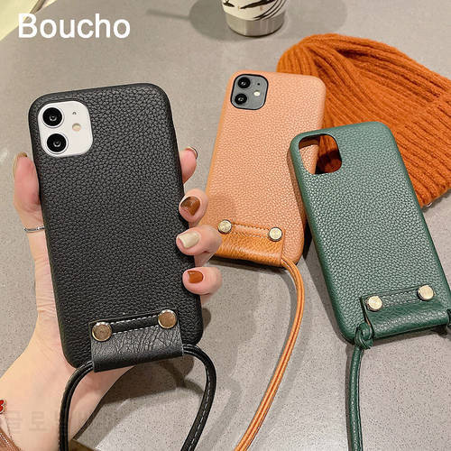 For iPhone 12 Mini 11 Pro Max PU leather texture Phone Case For iPhone XS Max X XR 7 8 Plus Fashion lady Back Cover With lanyard