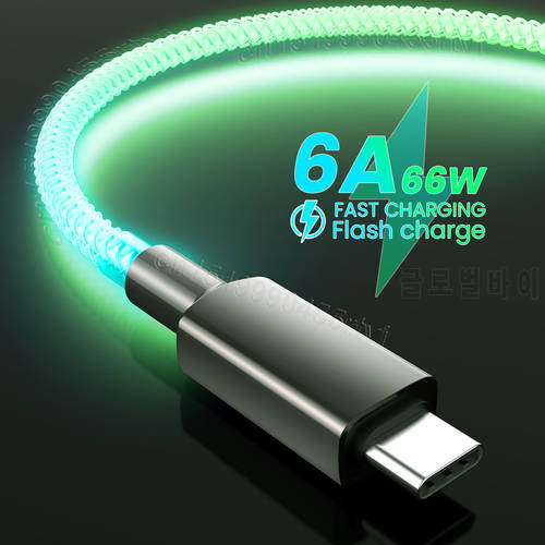 Gradient Breathing Light USB Type C Cable For iPhone 14 13 12 6A 66W Fast Charging Data Wird Cord Cabl for Huawei Samsung Xiaomi