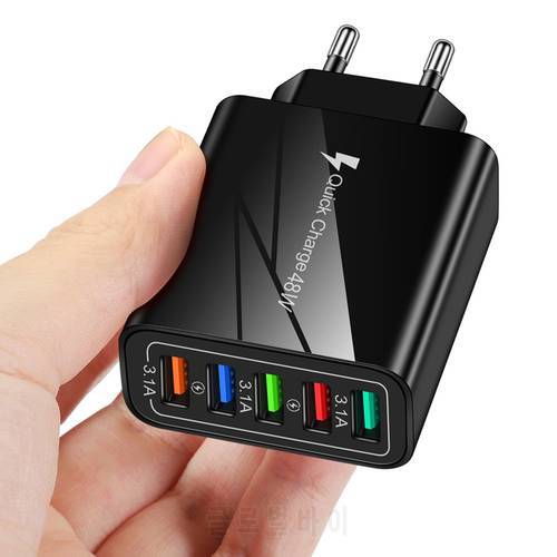 USB Charger 5 Ports 48W Universal Wall Mobile Phone Quick Chargers Adapter For Home Travel For Xiaomi iPhone Huawei Samsung Plug