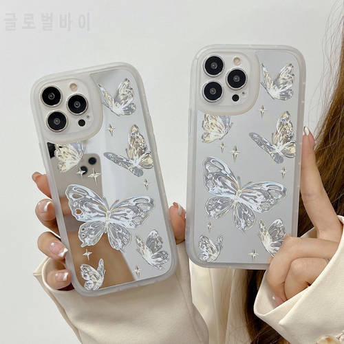 Cute Silver Butterfly Mirror Phone Case For iphone 13 12 11 Pro Max X XR XS Max Back Cover Fashion Soft Cases Shockproof Funda