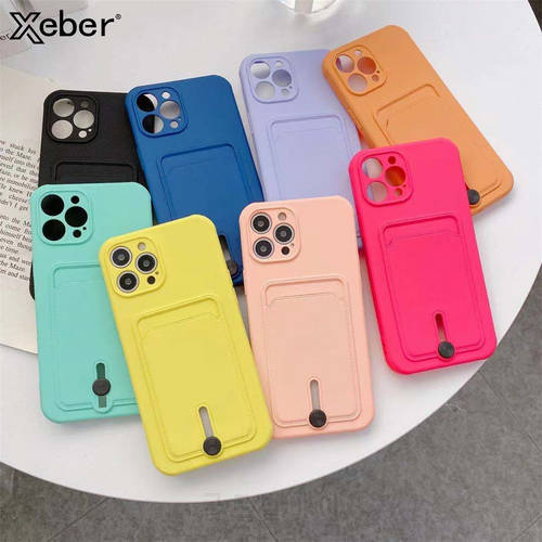 Card Holder Liquid Silicone Phone Case For iPhone 14 Pro 11 13 12 Mini X XR XS Max 7 8 Plus Candy Color Lens Protection Cover
