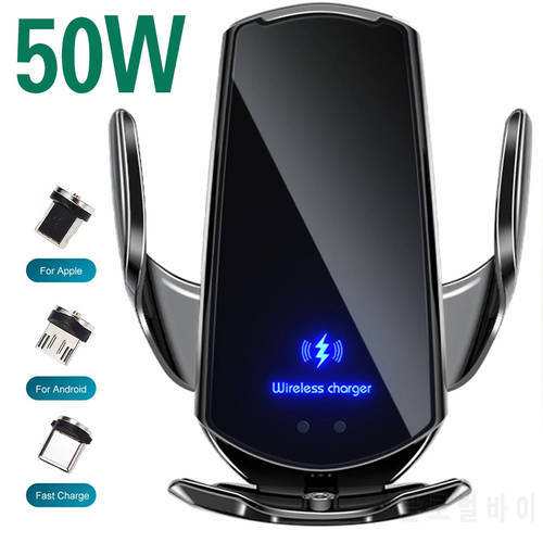 Automatic 50W Qi Car Wireless Charger for iPhone 13 12 11 XR X 8 Samsung S22 S21 Magnetic USB Infrared Sensor Phone Holder Mount