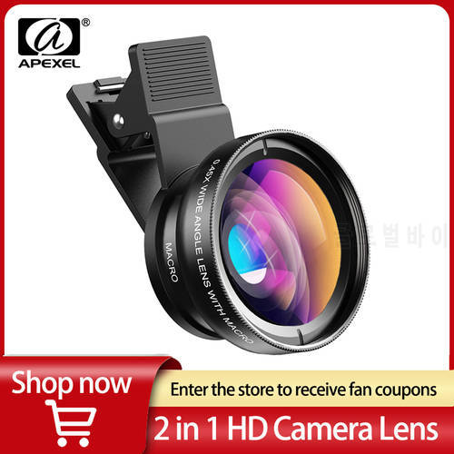 APEXEL 2 in 1 HD Phone Lens 0.45x Super Wide Angle&12.5x Macro Portable Mobile Lens for iPhone 11 Xiaomi Samsung