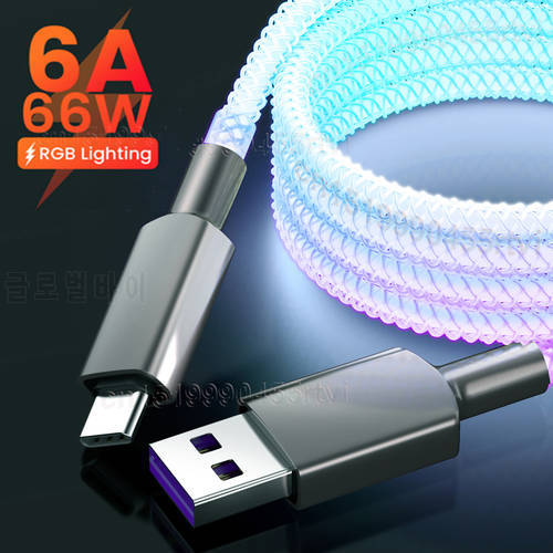 Flow Luminous Lighting 6A 66W USB Type C Cable For Huawei Mate 40 Pro 5A LED USB Type C charger for Xiaomi Samsung OPPO 1M