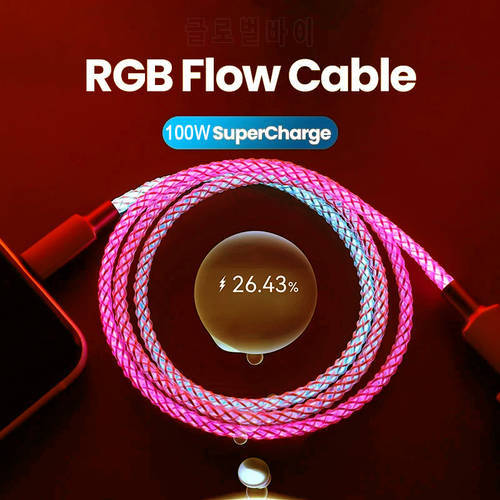 6A USB Type C Cable 100W USB C Fast Chaging Cable For Huawei Pro 40 RGB Gradient Glow USB-C Type-C Quick Data Cable For Samsung