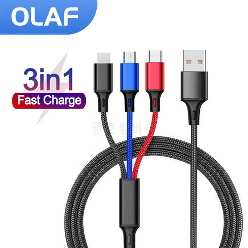 Olaf 3 in 1 USB Cable Fast Charging Cable For iPhone 13 12 USB Type C Cable For Xiaomi Mi10 Huawei Redmi Micro USB Cable 1.2M