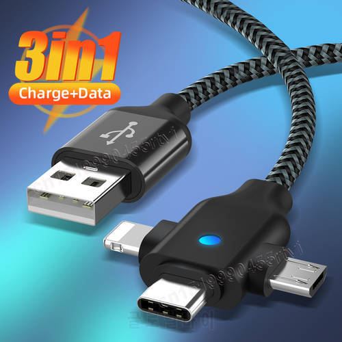 LED 3 in 1 USB Type C Cable for iPhone 14 13 12 2.4A 3in1 Micro USB Type C Charging Data Cable for Huawei Samsung Xiaomi POCO X3