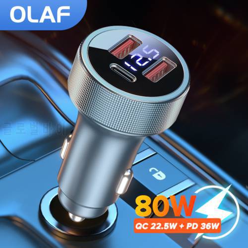 Olaf USB Car Charger 80W Car Charger Fast Charging QC3.0 USB C Charger For iPad Laptop iPhone 13 12 Digital Display Quick Charge