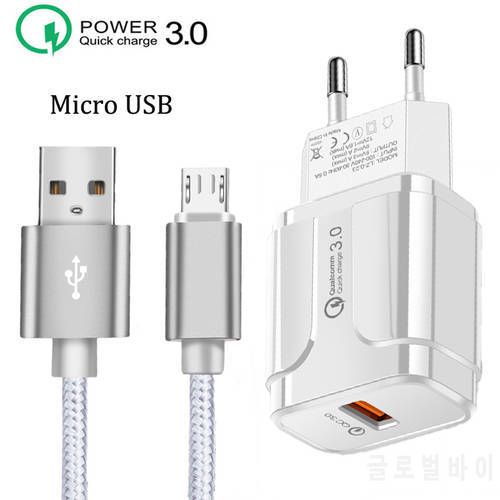 18W QC 3.0 Fast Charge EU Plug Travel Charger Micro USB Braided Cable For Samsung A10 S7 S6 edge J3 J5 J7 J4 J6 + 2017 Data Cord