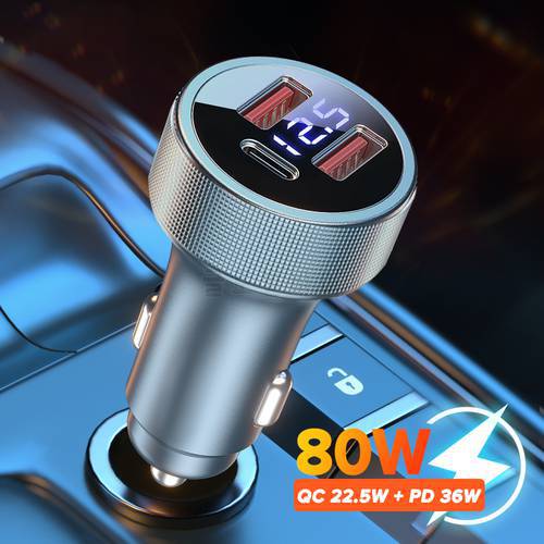 80W Dual USB Car Charger LED PD QC 3.0 3 Port PD USB Type C Fast Phone Charge Adapter For iPad Samsung Xiaomi Huawei Car-Charger