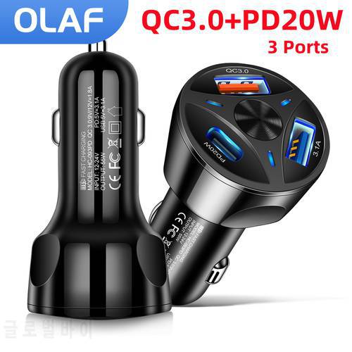 OLAF 3 Ports USB Car Charger Quick Charge 3.0 PD Fast Charging Car Mobile Phone Adapter for Xiaomi Huawei Samsung S21 S22