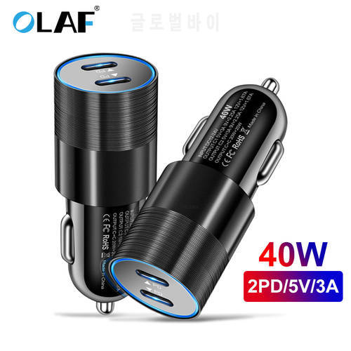 OLAF 40W Type C PD Car Charger 5V 3A Phone Charger Adapter 2Ports Dual Type C PD Fast Charging For iPhone Samsung Huawei Xiaomi